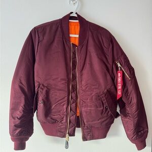 Alpha Industries Burgundy Bomber Jacket with Vibrant Orange Interior